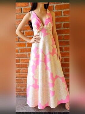 Rare Farm Rio Floral Pink and Cream V-Neck Summer Dress
